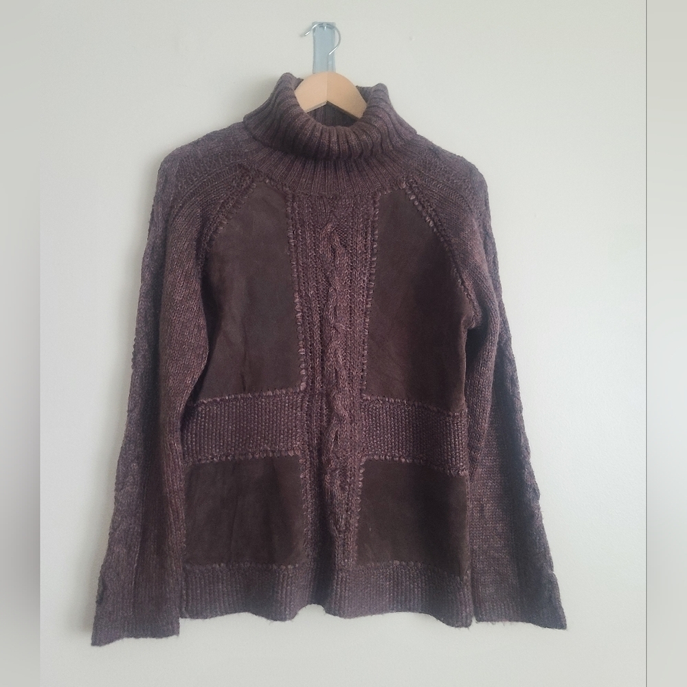 Curio Chunky Turtleneck Sweater with Faux Leather Panels – Brown – Size M –